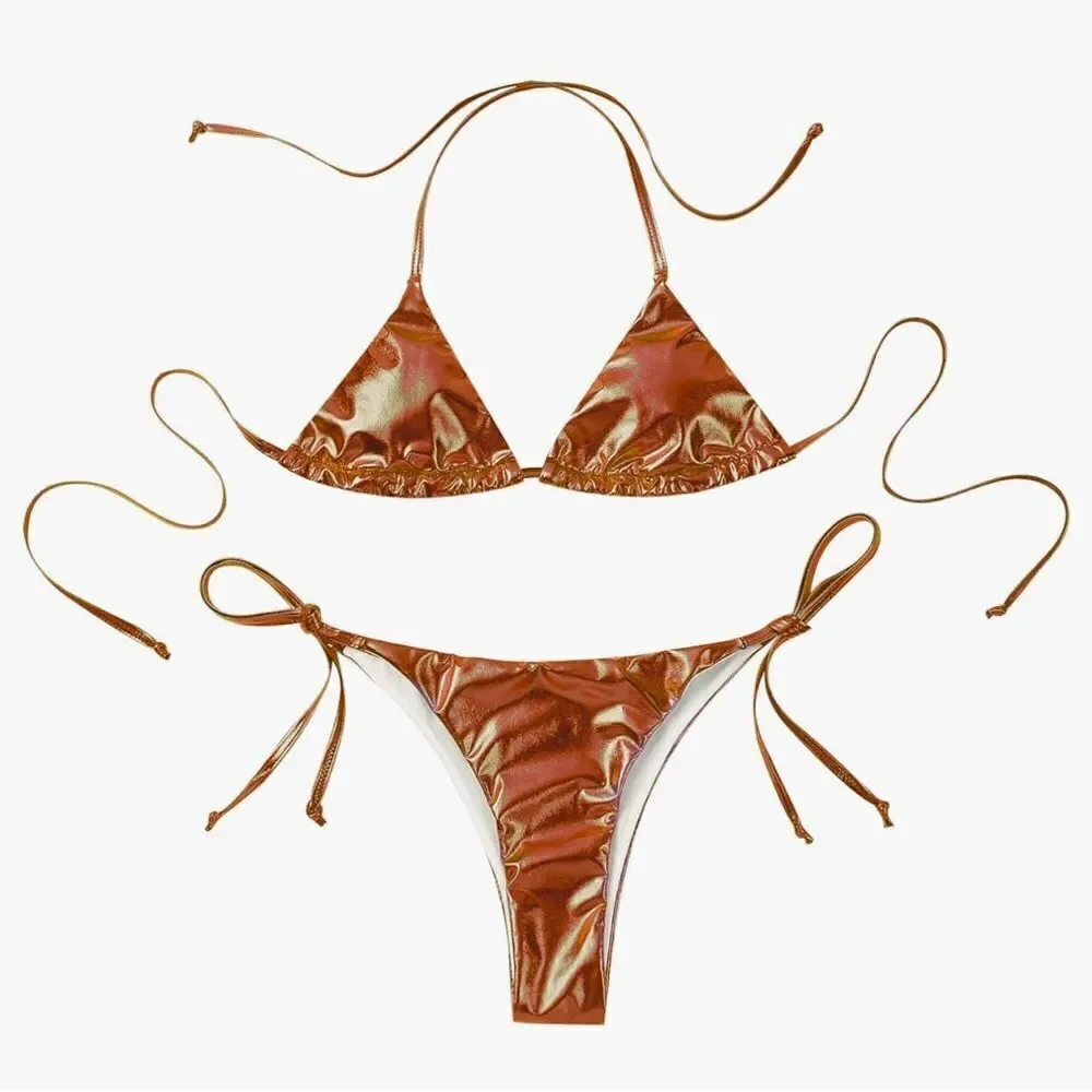 Women's Metallic Shiny Halter Lace-up Bikini Triangle Padded Cup Bra bronze S